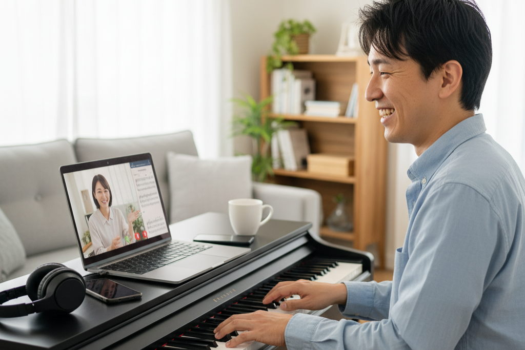 自宅でノートパソコンを使ってオンラインピアノレッスンを受講している生徒の様子。画面越しに講師とコミュニケーションを取りながらピアノを演奏している明るい雰囲気の写真