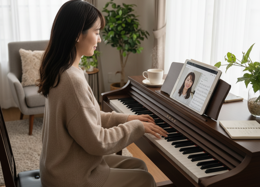 快適な自宅環境でリラックスしながらピアノレッスンを受ける女性。コーヒーカップとノートが置かれた温かみのある空間で、タブレットを使ってレッスンを受けている様子