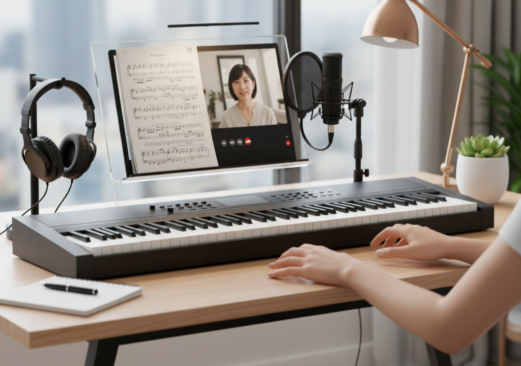 オンラインピアノレッスンに必要な機材が整ったデスク。電子ピアノ、ノートパソコン、マイク、ヘッドホン、楽譜スタンドが配置された整理整頓されたレッスンスペース
