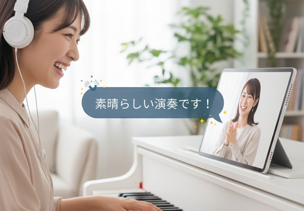 オンラインレッスンで上達し、笑顔でピアノを弾く生徒。画面には講師からの温かい拍手と「素晴らしい演奏です！」というメッセージが表示されている達成感あふれる瞬間