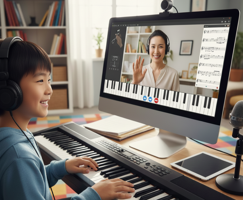 オンラインでピアノレッスンを受ける笑顔の子ども