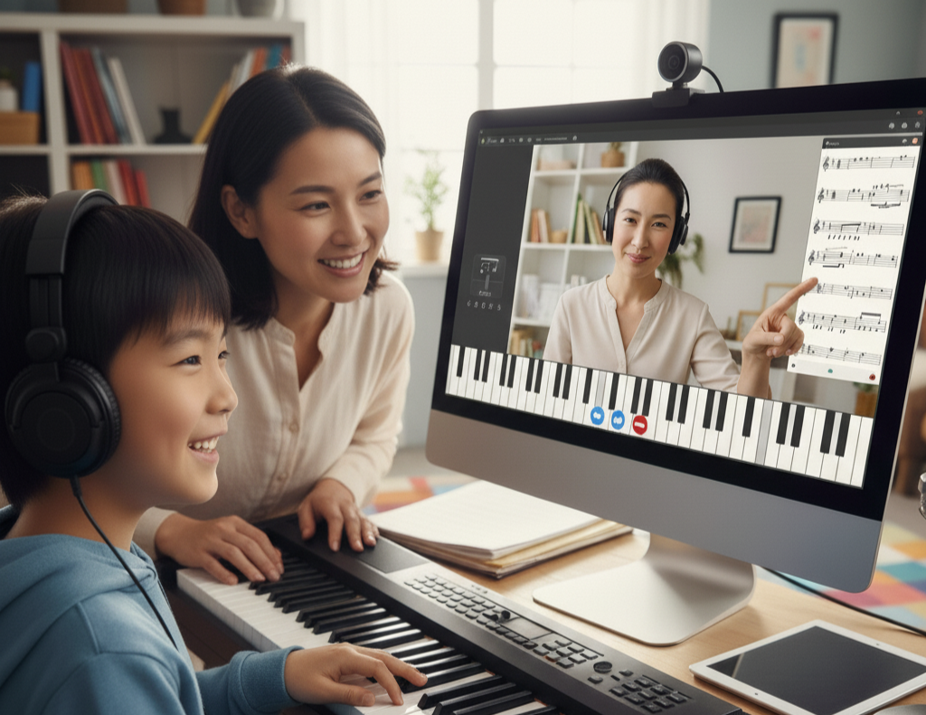 楽しそうにピアノを練習する子どもと見守る保護者