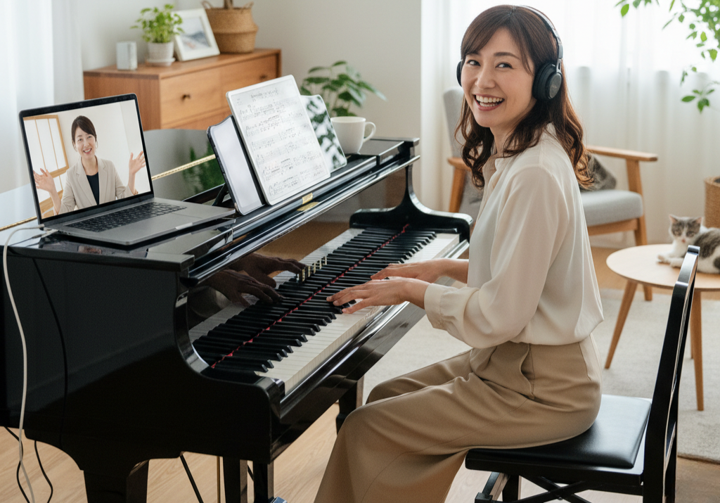大人がパソコンやタブレットを使ってオンラインピアノレッスンを受けている様子
